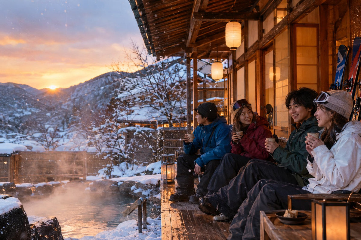 雪の温泉旅館の縁側で温まる日本人スキーヤーたち