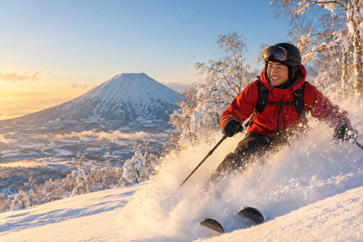 羊蹄山を背にニセコのパウダースノーを滑る日本人スキーヤー