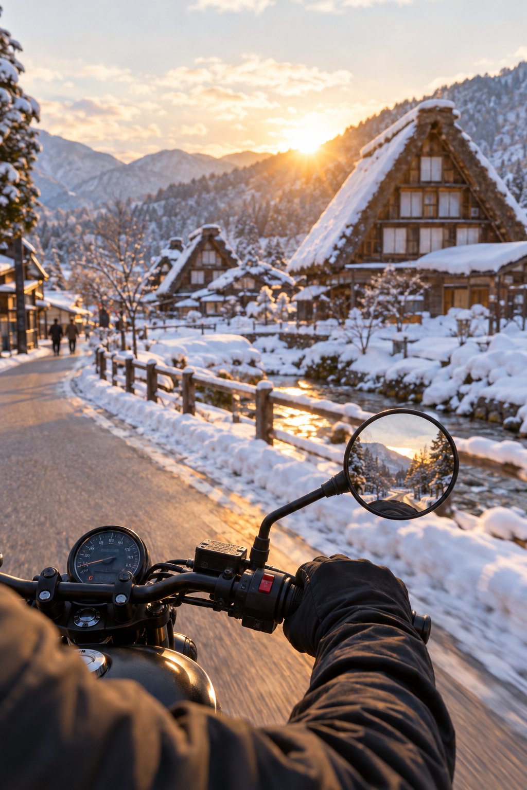 雪の合掌造りの集落を走るバイクのハンドルとグローブ