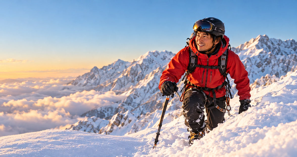 Lenz 雪山の稜線を登る登山者（北アルプス）